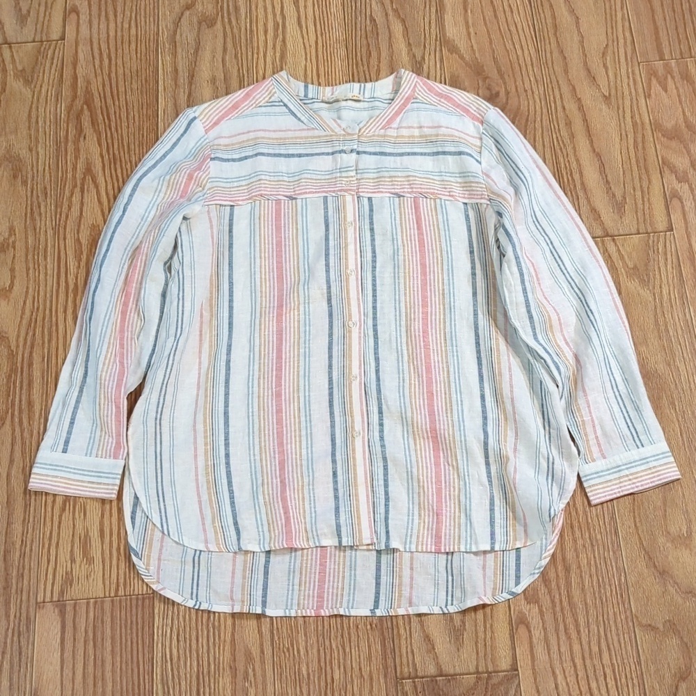 C&C California white blue pink stripe linen blend button-up shirt long-sleeve XL